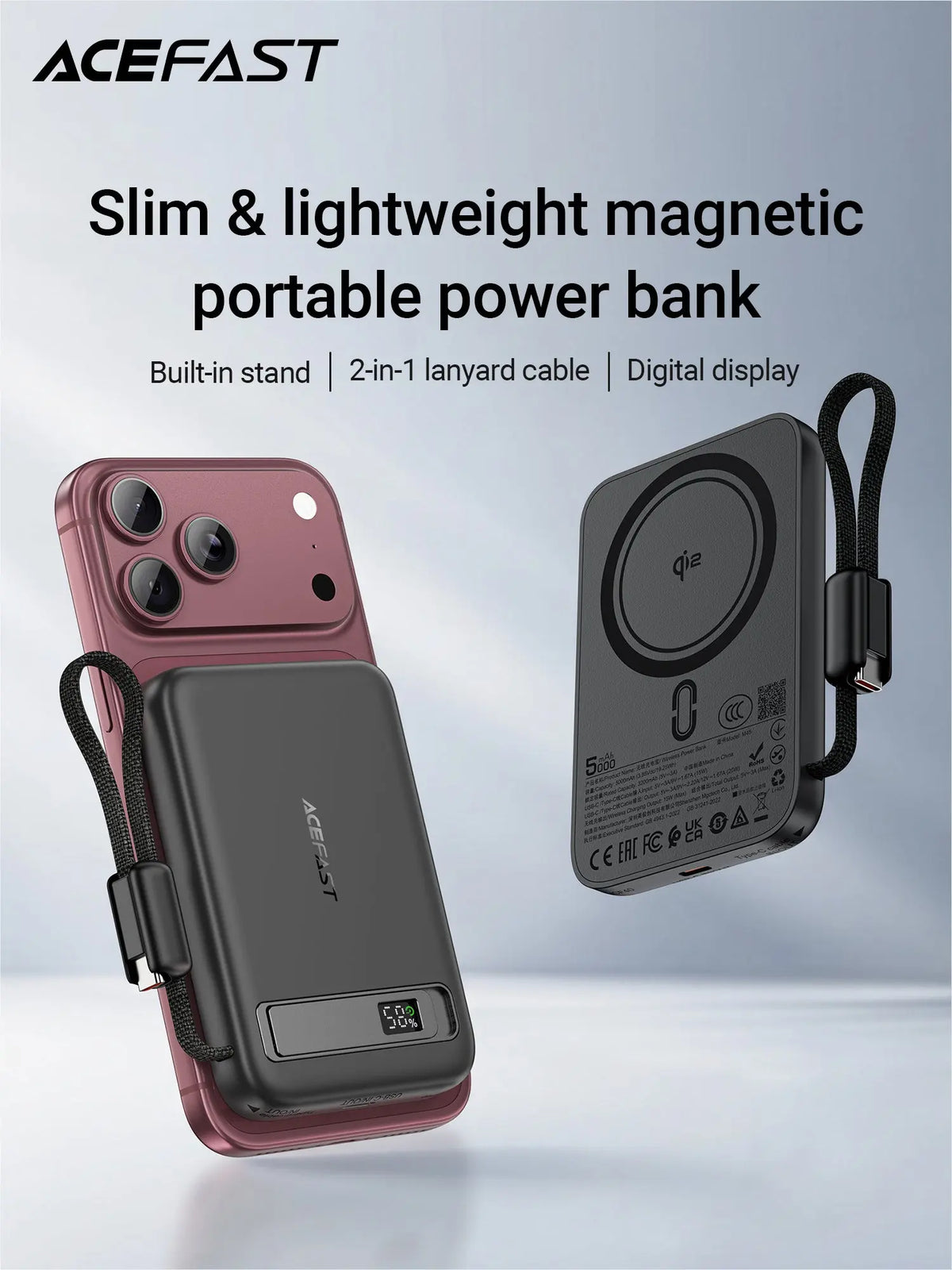 Acefast M45 5000mAh PD 20W Qi2 Magnetic Wireless Charging Power Bank with Cable [CCC Certified] Tech House Singapore