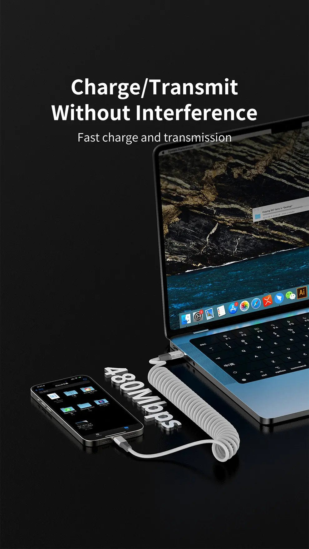 Recci USB C to C Cable PD 65W 1.8M Spring Coil Cable RS25CC Tech House Singapore