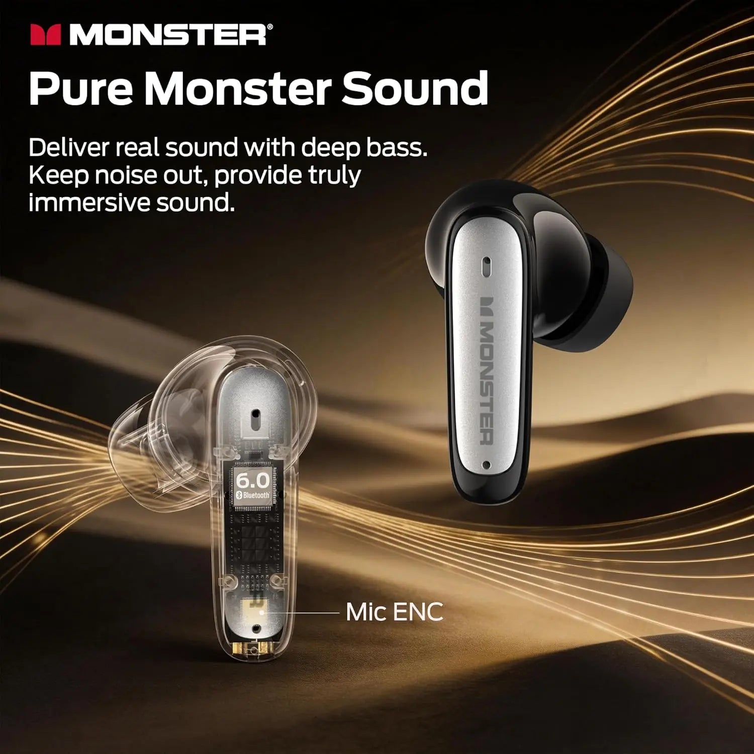 Monster N-Lite 310 True Wireless Earbuds, Bluetooth 6.0 Headphones Deep Bass, Earbuds with ENC Noise Cancelling Mic for Clear Calls, 32H Playback, Bluetooth Earbuds Tech House Singapore