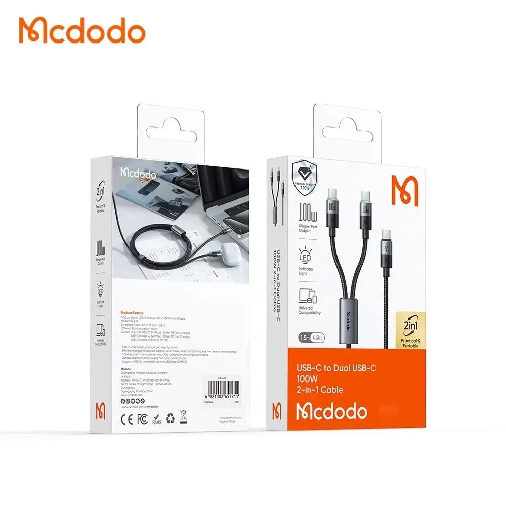 Mcdodo 2 in 1 100W USB-C to Dual USB-C Cable with LED 1.5m CA-674 Tech House Singapore