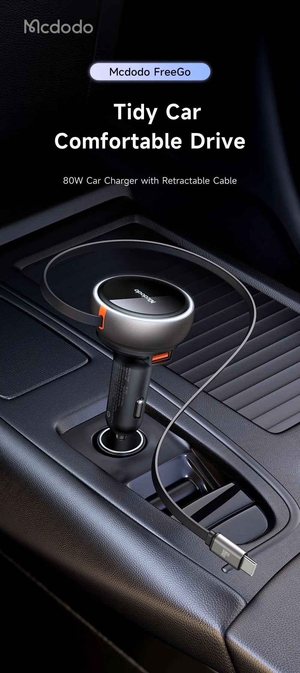 MCDODO Car Charger 80W Built-in 80cm C Cable CC-4850 Mcdodo Singapore
