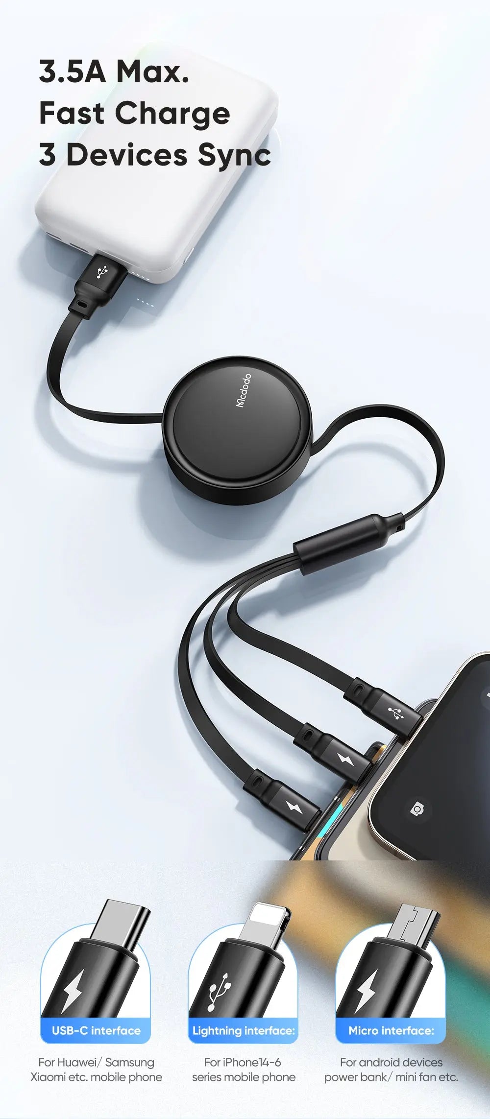 MCDODO Cable 3 in 1 Retract 1.2M CA-7256 Mcdodo Singapore