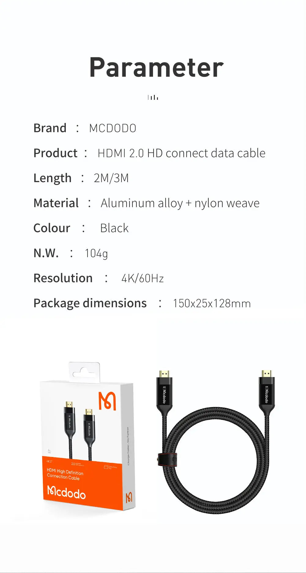 MCDODO HDMI to HDMI 2.0 Cable 4K 2M CA-7180 Mcdodo Singapore