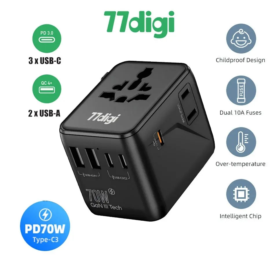 77digi 70W 3 Type-C + 2 USB Travel Adapter 1006SDV 77digi Singapore