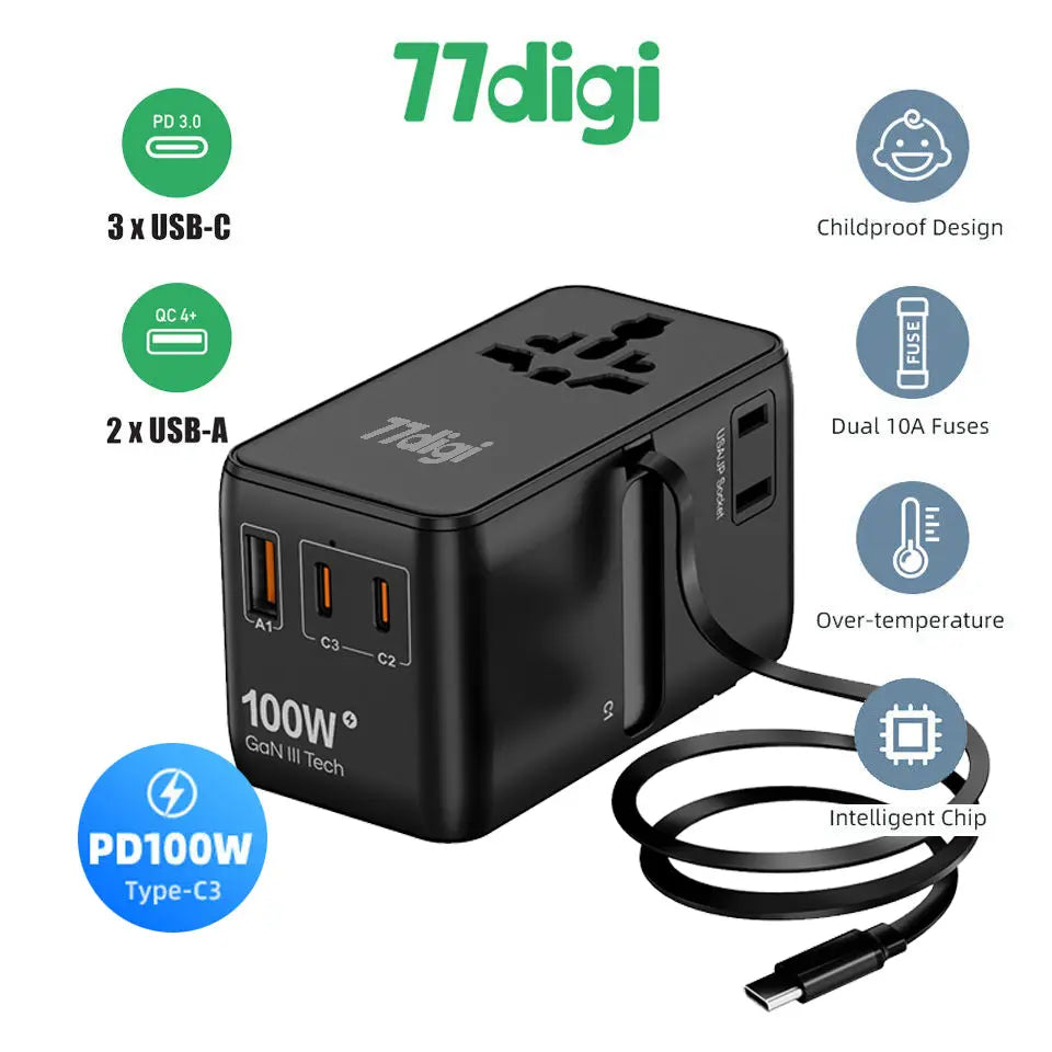 77digi 100W 3 Type-C + 2 USB Travel Adapter with Cable - Tech House - Singapore