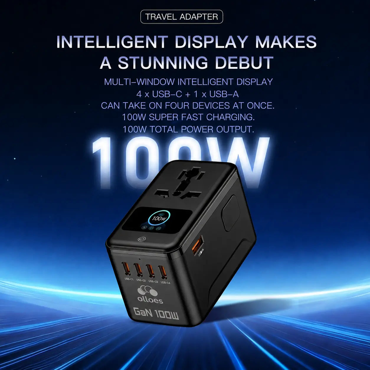 OLLOES GaN 100W Universal Travel Adapter with Smart Digital Display Tech House Singapore