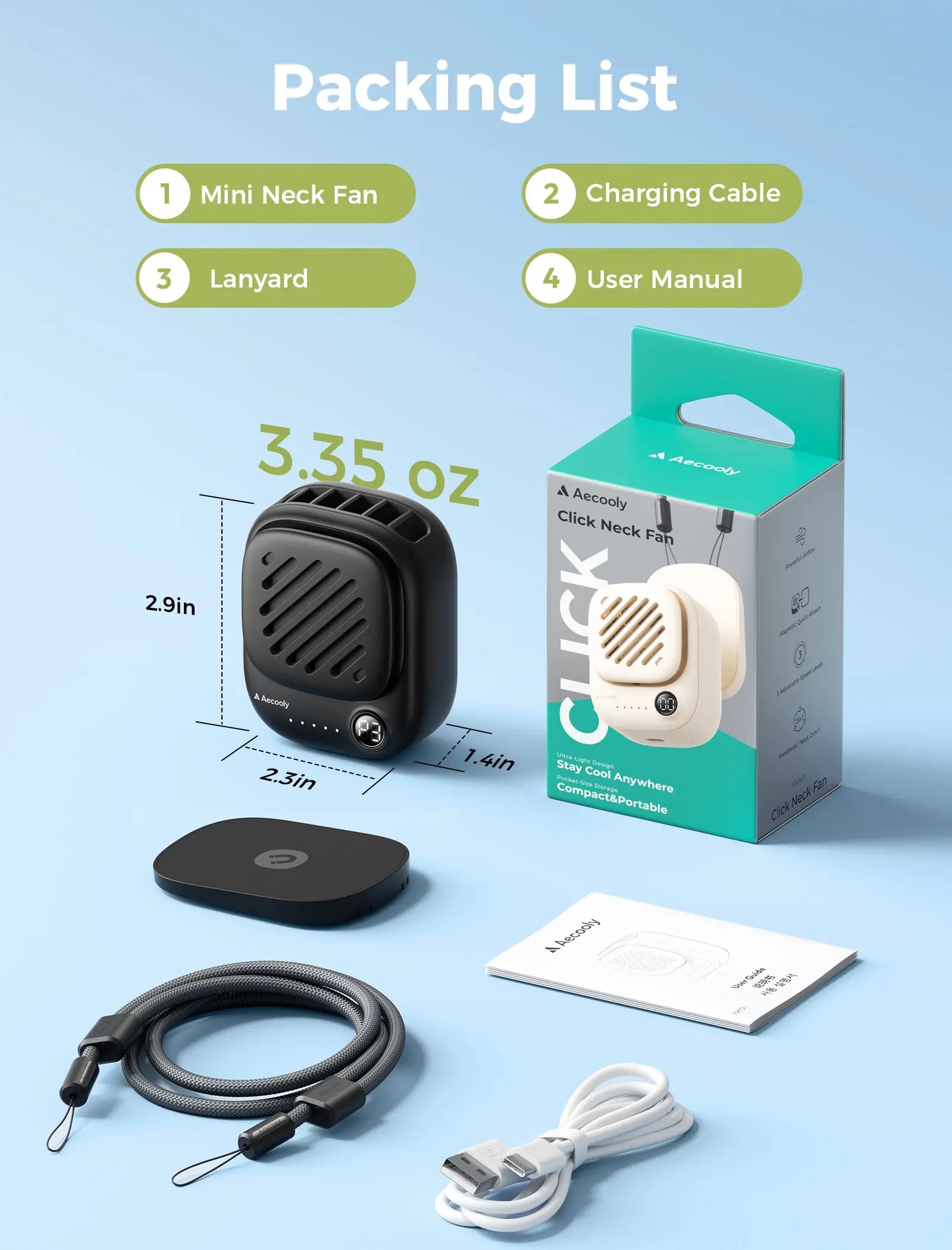 Aecooly Mini Portable Neck Fan, Mighty Hands Free Fan, Magnetic Fit Click 01 USB Rechargeable 10H Max Portable Fan Tech House Singapore