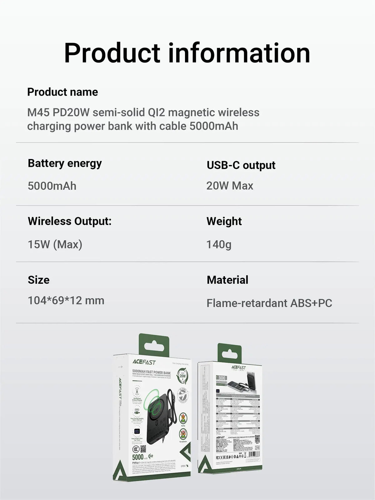 Acefast M45 5000mAh PD 20W Qi2 Magnetic Wireless Charging Power Bank with Cable [CCC Certified] Tech House Singapore
