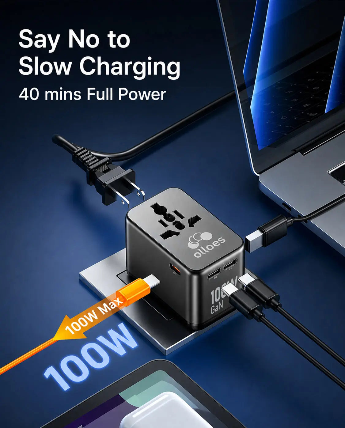 OLLOES GaN 100W Universal Travel Adapter with Extra US/EU Plug 3 x USB-C 1 x USB-A GaN Fast Charging Tech House Singapore