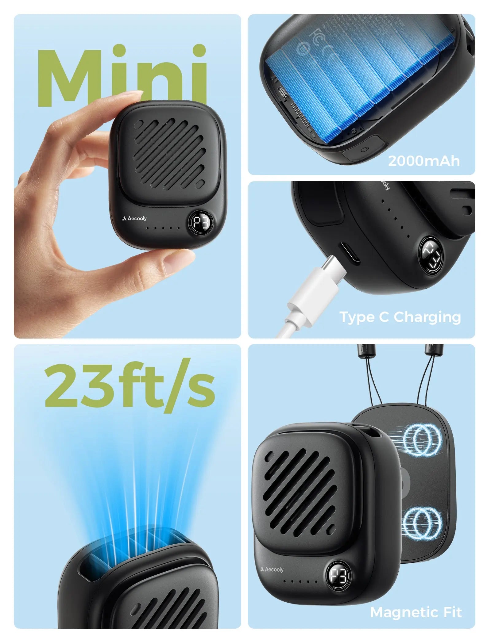 Aecooly Mini Portable Neck Fan, Mighty Hands Free Fan, Magnetic Fit Click 01 USB Rechargeable 10H Max Portable Fan Tech House Singapore