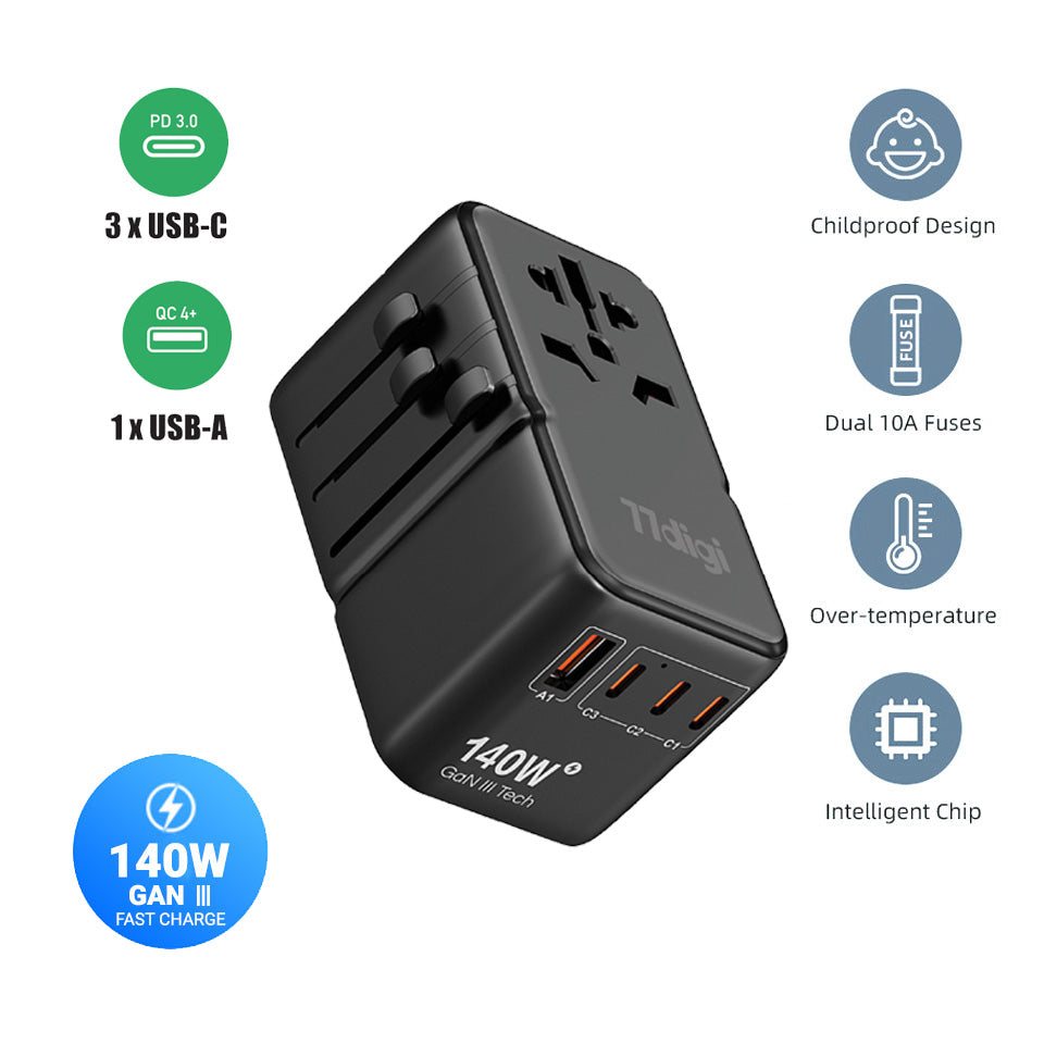 77digi 140W GaN PD 3.1  Travel Adapter 1 USB 3 Type C Travel Adapter 77digi