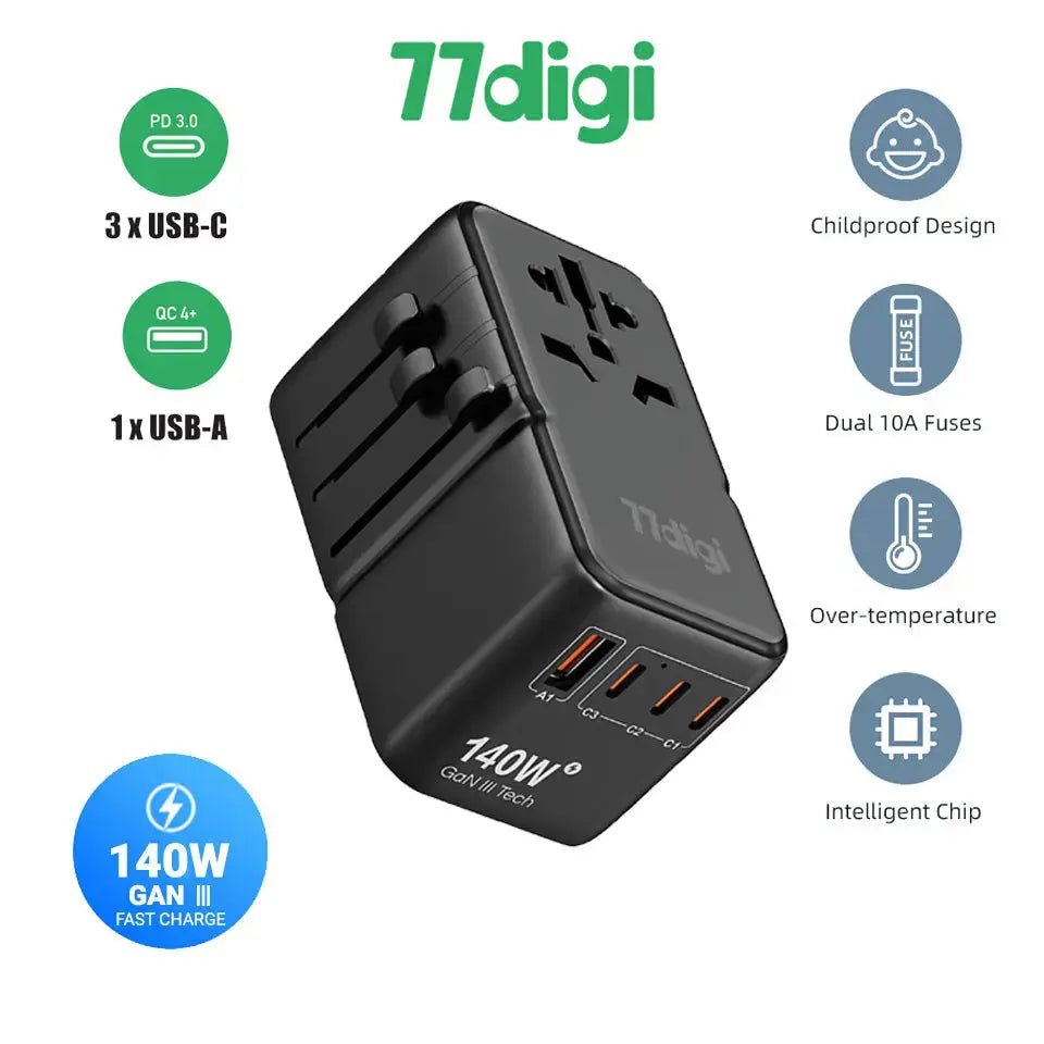 77digi 140W GaN PD 3.1 1 USB 3 Type C Travel Adapter 77digi