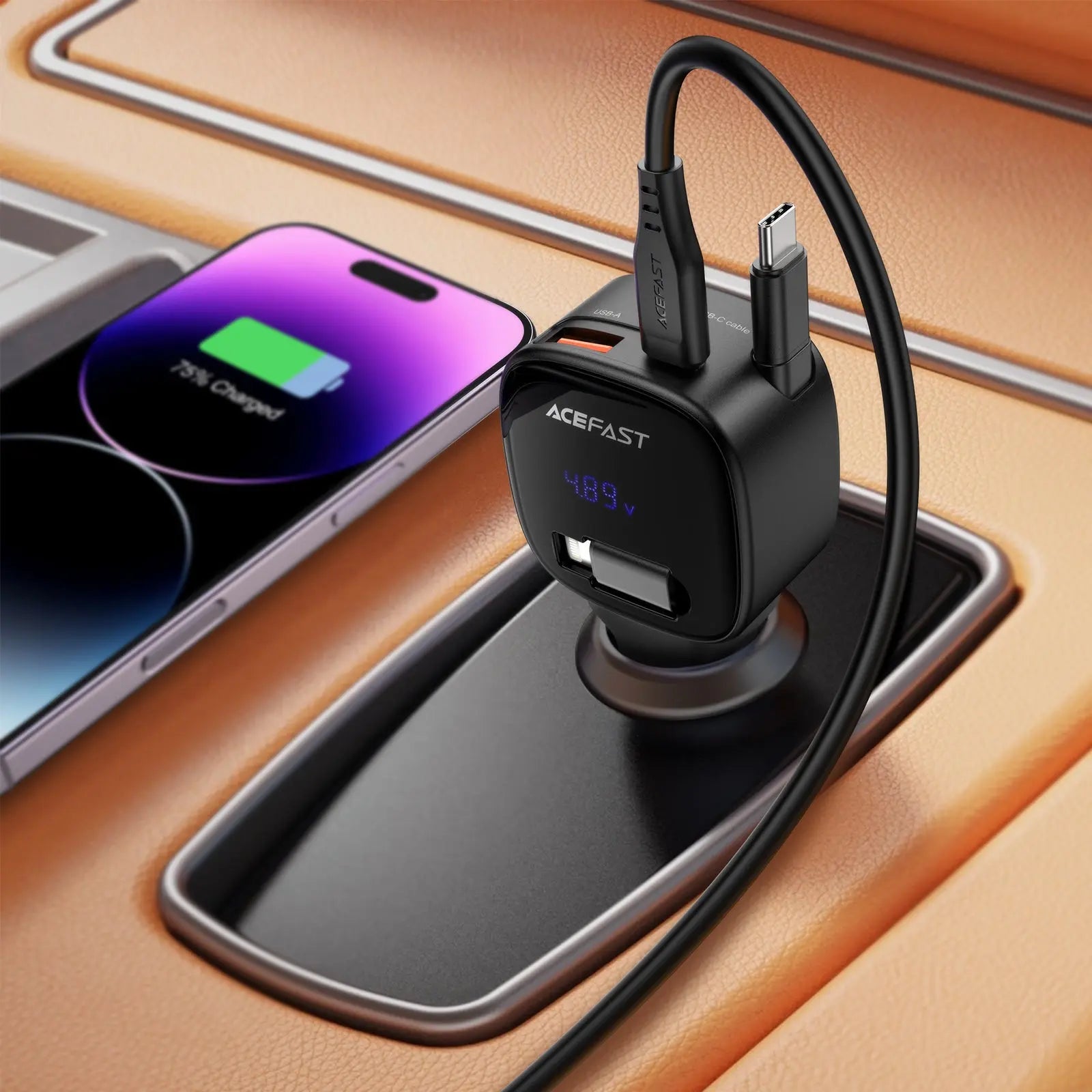 Acefast B17 95W Fast Charge Car Charger 2xUSB-C + USB-A Multi-Port with Built-in Retractable USB-C Cable LED Display Tech House Singapore