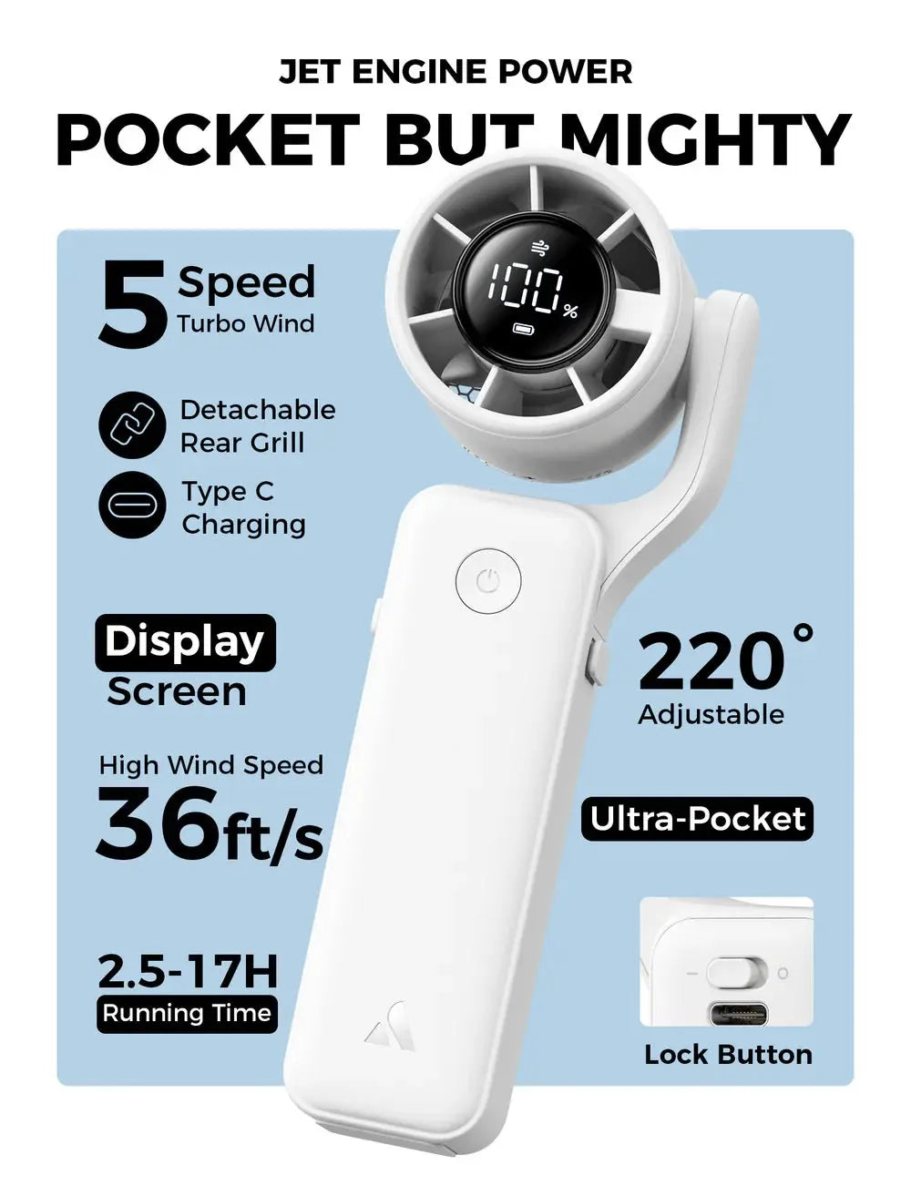 Aecooly Portable Handheld Fan AirGimbal 220° Adjustable 5 Speed Pocket Fans Tech House Singapore