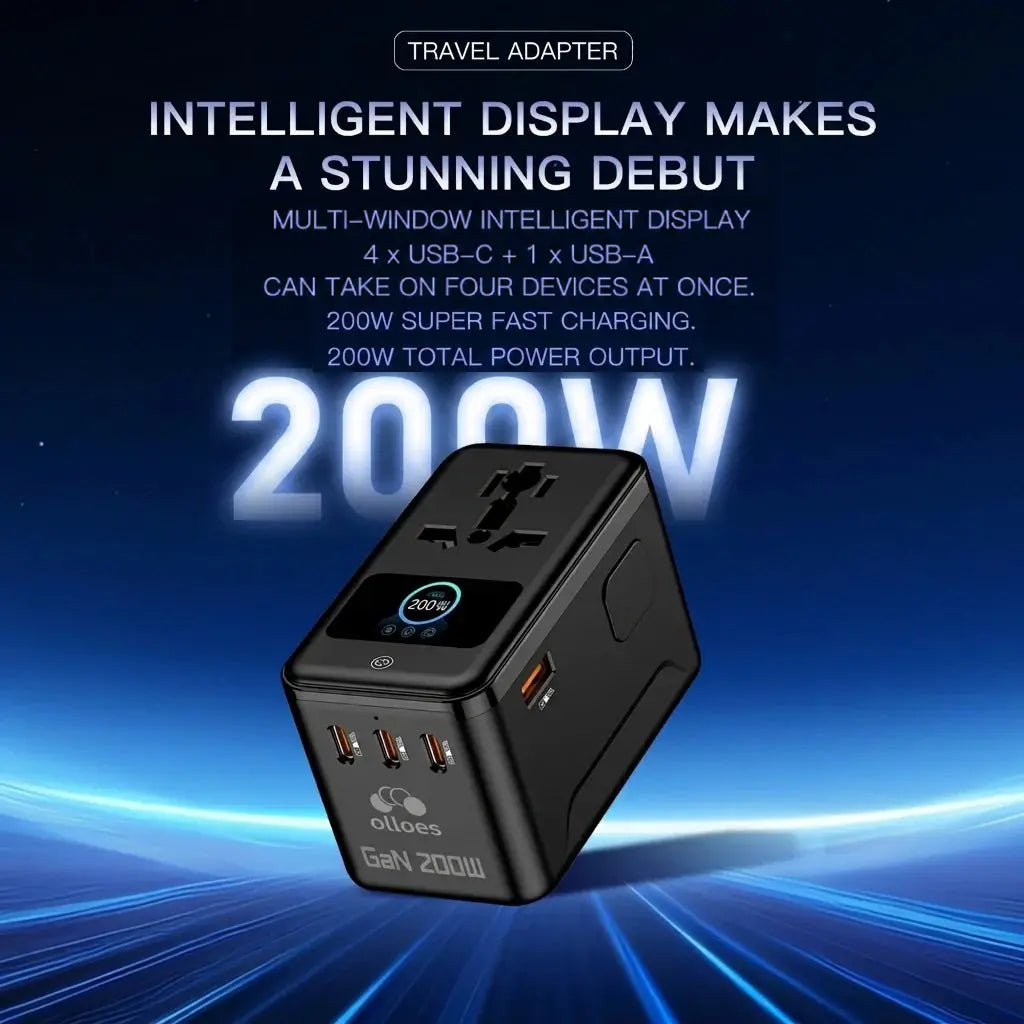 OLLOES GaN 200W Universal Travel Adapter with Smart Digital Display Tech House Singapore
