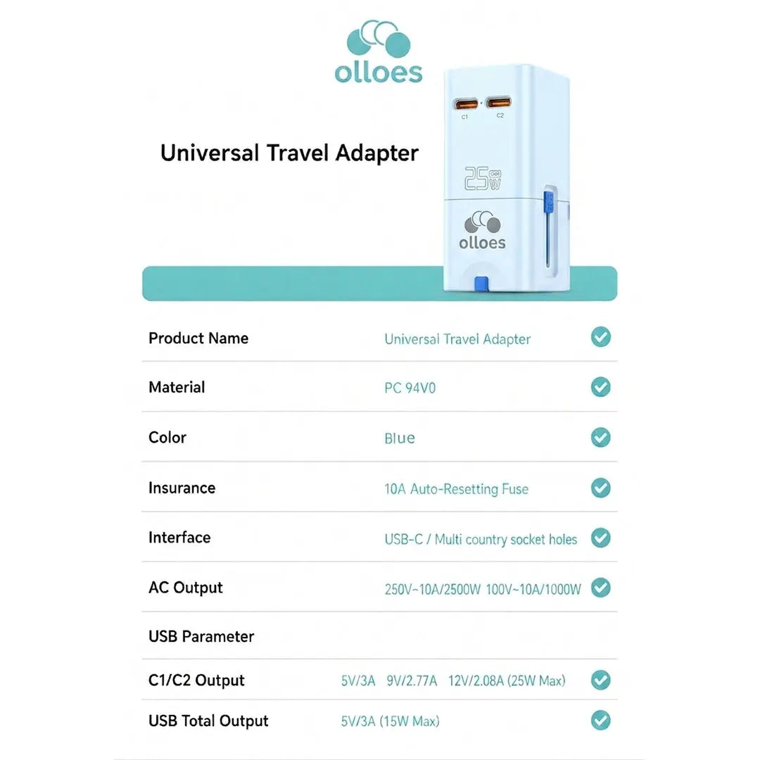OLLOES GaN 25W Universal Travel Adapter Super Compact 2 x USB-C GaN Fast Charging Mini Size Tech House Singapore