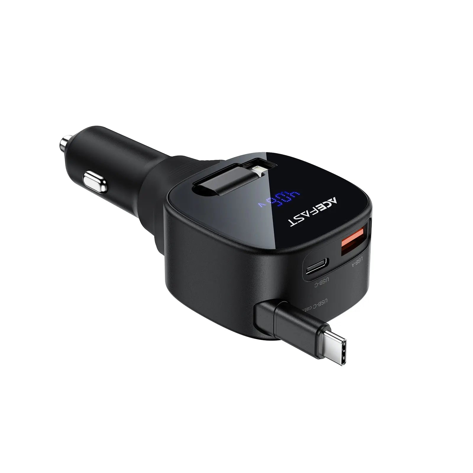 Acefast B17 95W Fast Charge Car Charger 2xUSB-C + USB-A Multi-Port with Built-in Retractable USB-C Cable LED Display Tech House Singapore