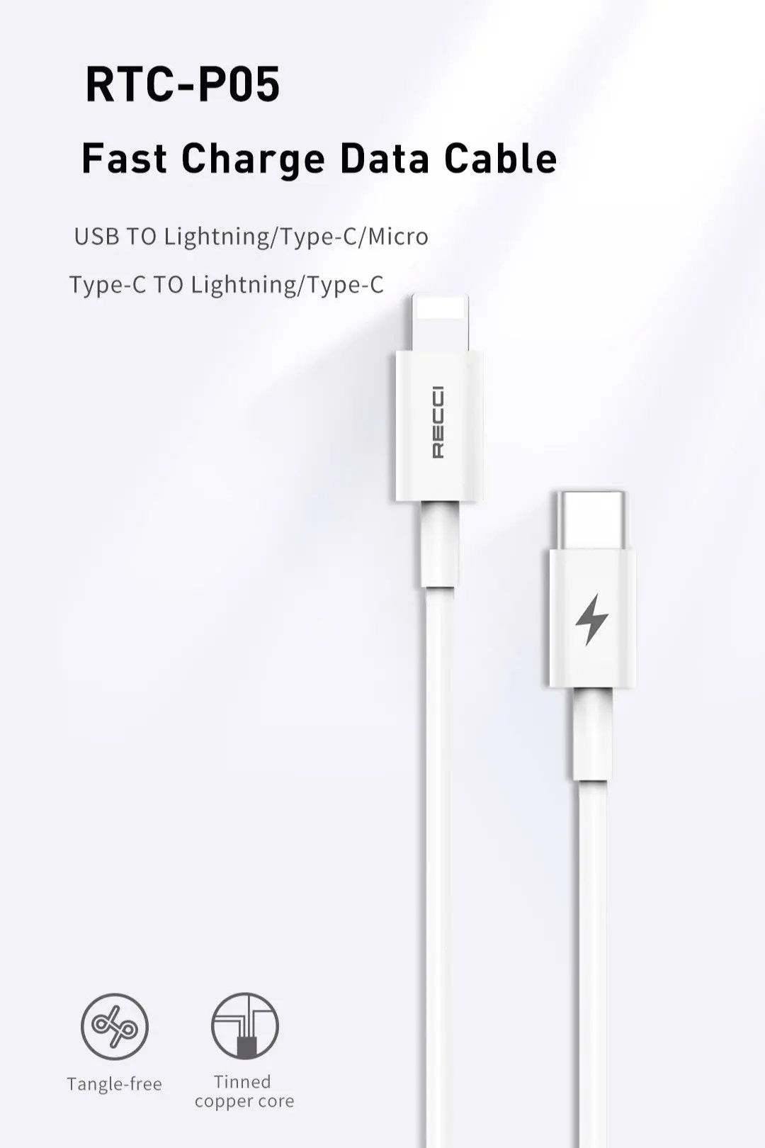 Recci USB C to Lightning 1.5M PD 60W 5A Cable RTC-P05CL Tech House Singapore