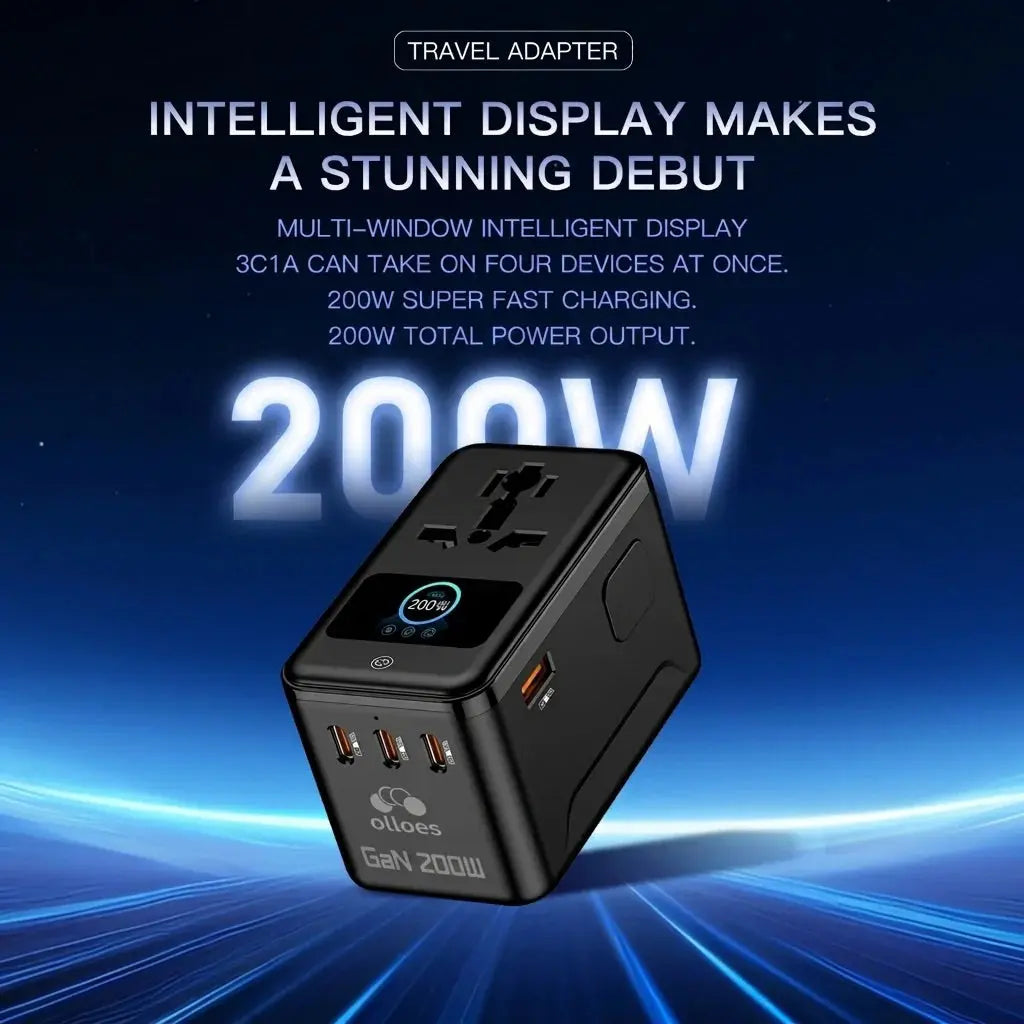 OLLOES GaN 200W Universal Travel Adapter with Smart Digital Display 3 x USB-C 1 x USB-A Fast Charging Tech House Singapore