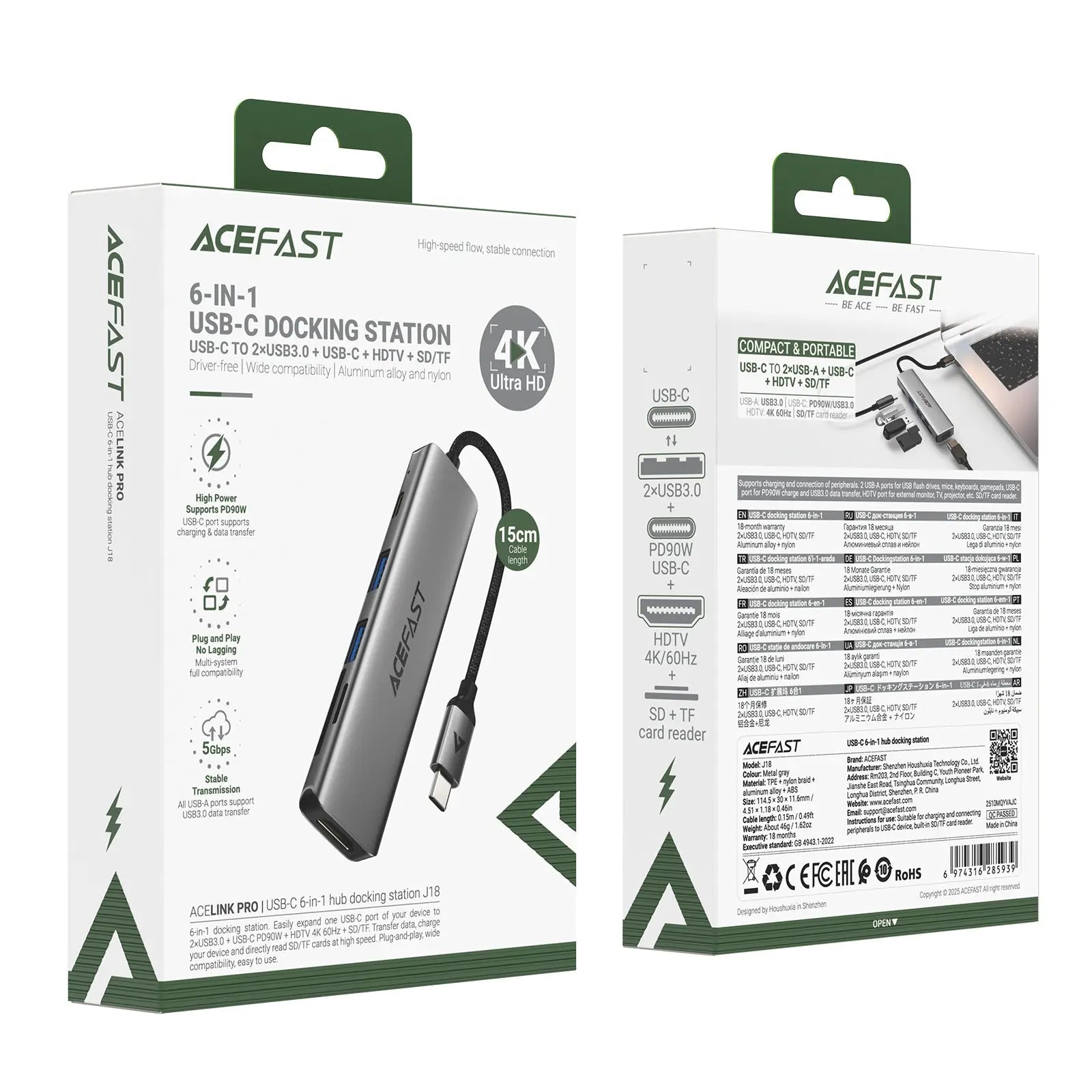 Acefast J18 6-in-1 USB-C Hub 4K 60Hz HDMI PD 90W Fast Charging Docking Station SD/TF Card Reader Multi-Port Hub Tech House Singapore