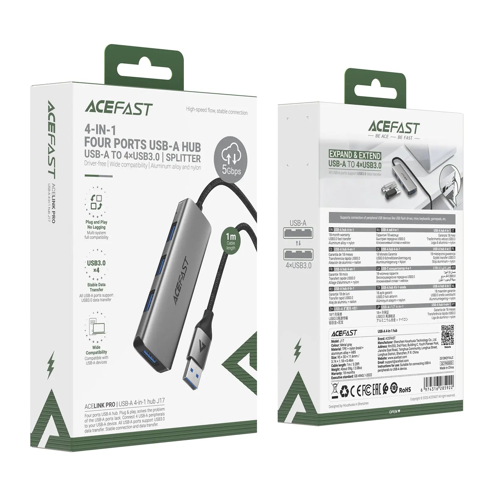 Acefast J17 USB-A 4-in-1 Hub USB 3.0 5Gbps Multi-Port Expansion Splitter Tech House Singapore