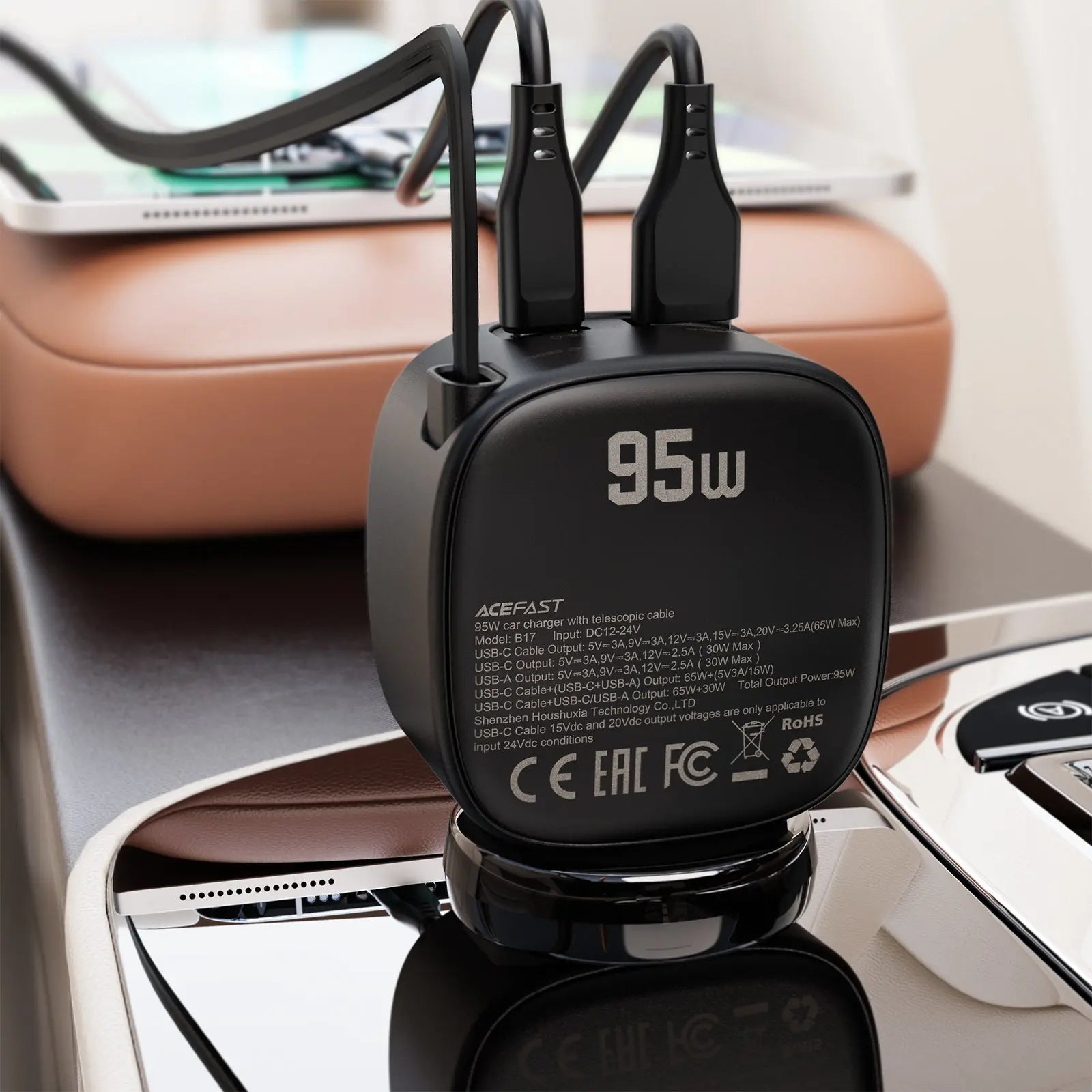 Acefast B17 95W Fast Charge Car Charger 2xUSB-C + USB-A Multi-Port with Built-in Retractable USB-C Cable LED Display Tech House Singapore