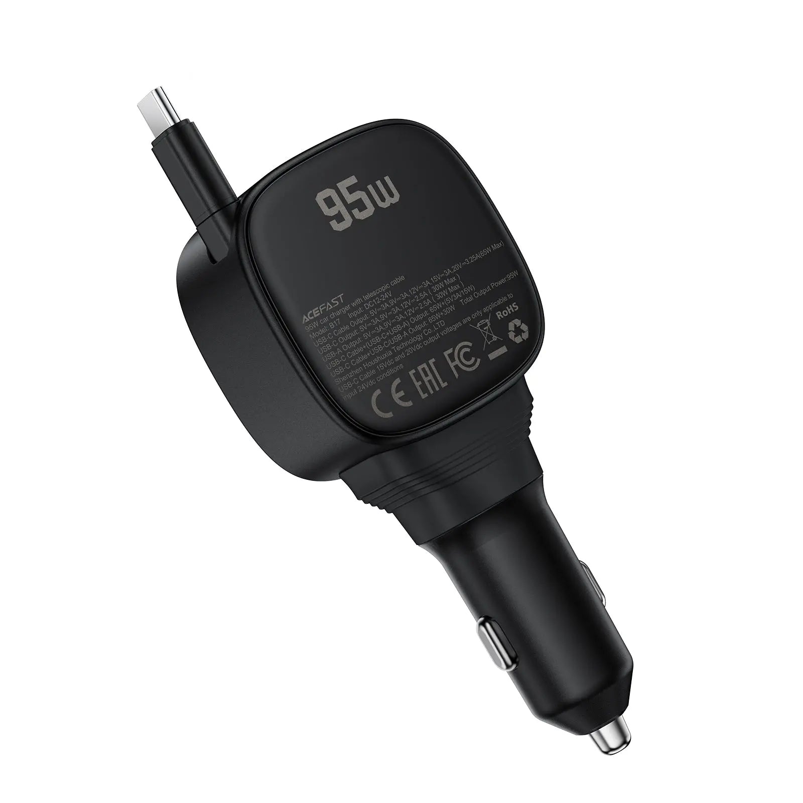 Acefast B17 95W Fast Charge Car Charger 2xUSB-C + USB-A Multi-Port with Built-in Retractable USB-C Cable LED Display Tech House Singapore