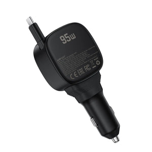 Acefast B17 95W Fast Charge Car Charger 2xUSB-C + USB-A Multi-Port with Built-in Retractable USB-C Cable LED Display Tech House Singapore