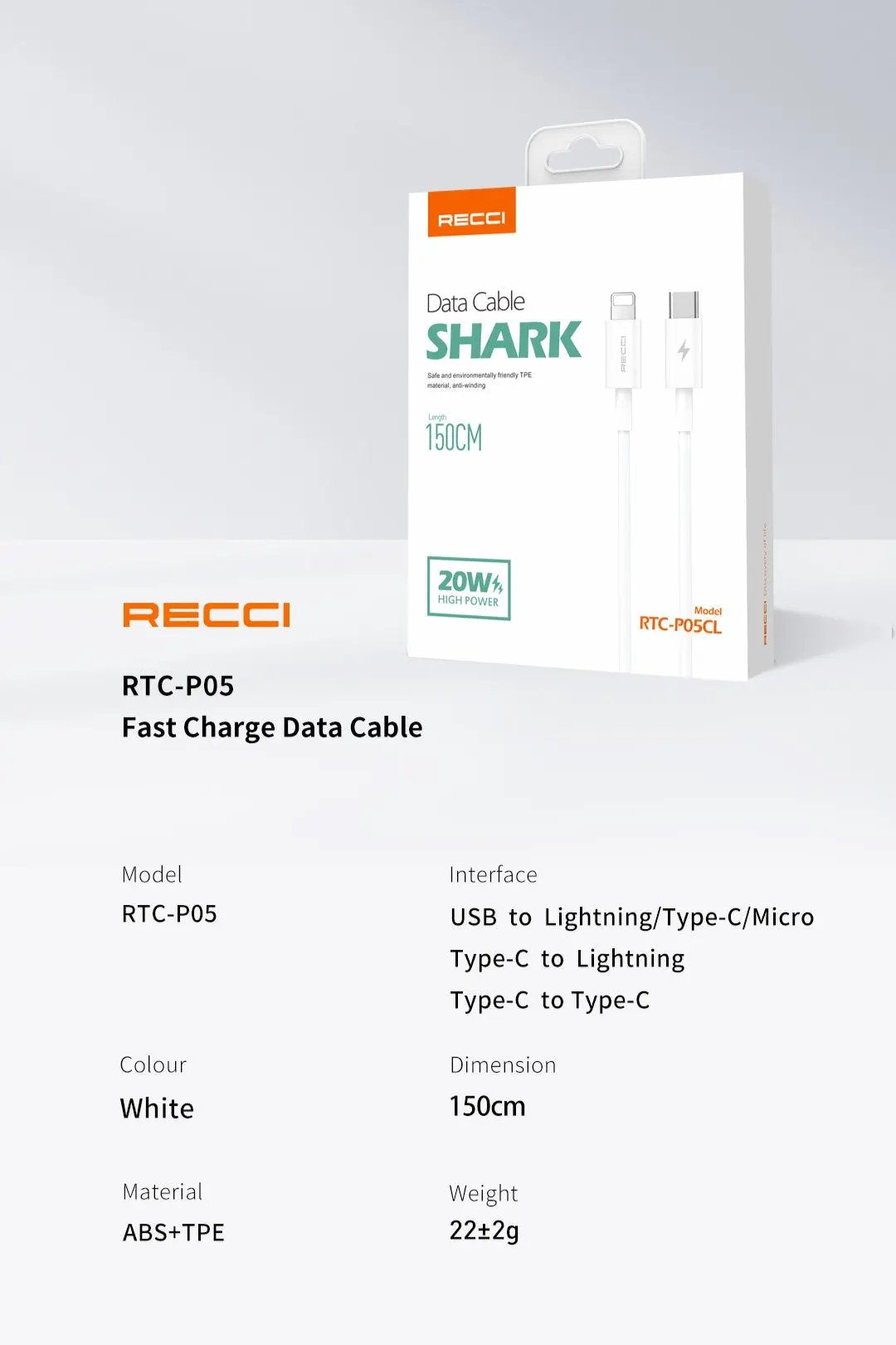Recci USB C to Lightning 1.5M PD 60W 5A Cable RTC-P05CL Tech House Singapore