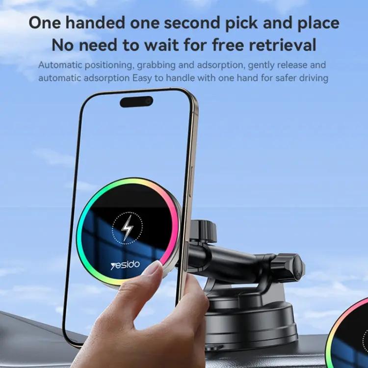 YESIDO Car Mount Suction Cup 15W Magnetic Wireless Charging Holder with RGB Lighting C315 Tech House Singapore