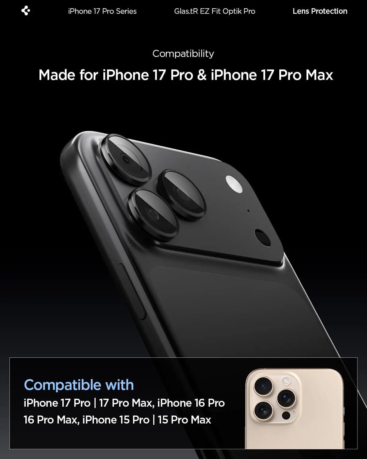 Spigen [2 Pack] iPhone 17 Pro Max / 17 Pro / 16 Pro Max / 16 Pro / 15 Pro Max / 15 Pro / 14 Pro Max / 14 Pro Camera Lens Protector EZ Fit Optik Pro Spigen Singapore