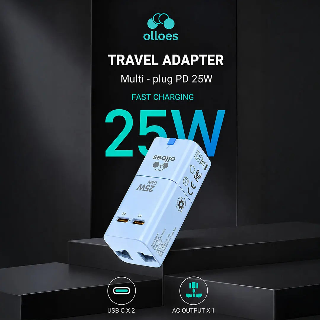 OLLOES GaN 25W Universal Travel Adapter Super Compact 2 x USB-C GaN Fast Charging Mini Size Tech House Singapore