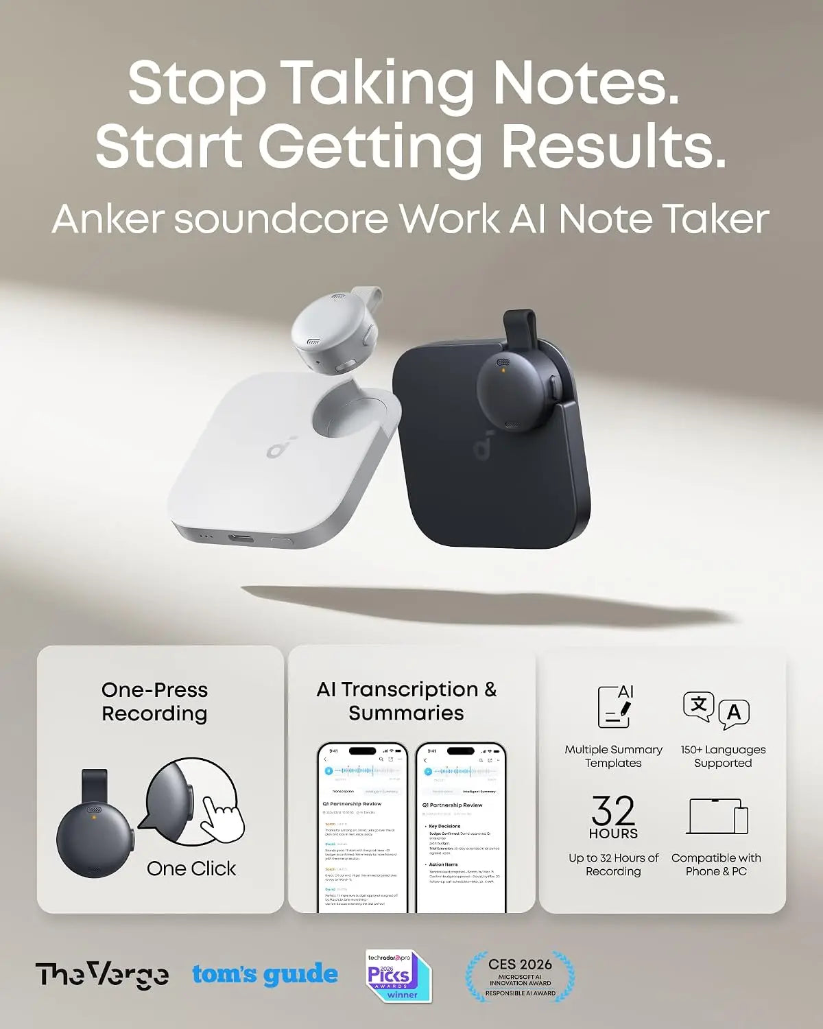 Soundcore Work Coin-Sized Wearable AI Note Taker 8GB MFi-Certified Voice Recorder D3200 Tech House Singapore