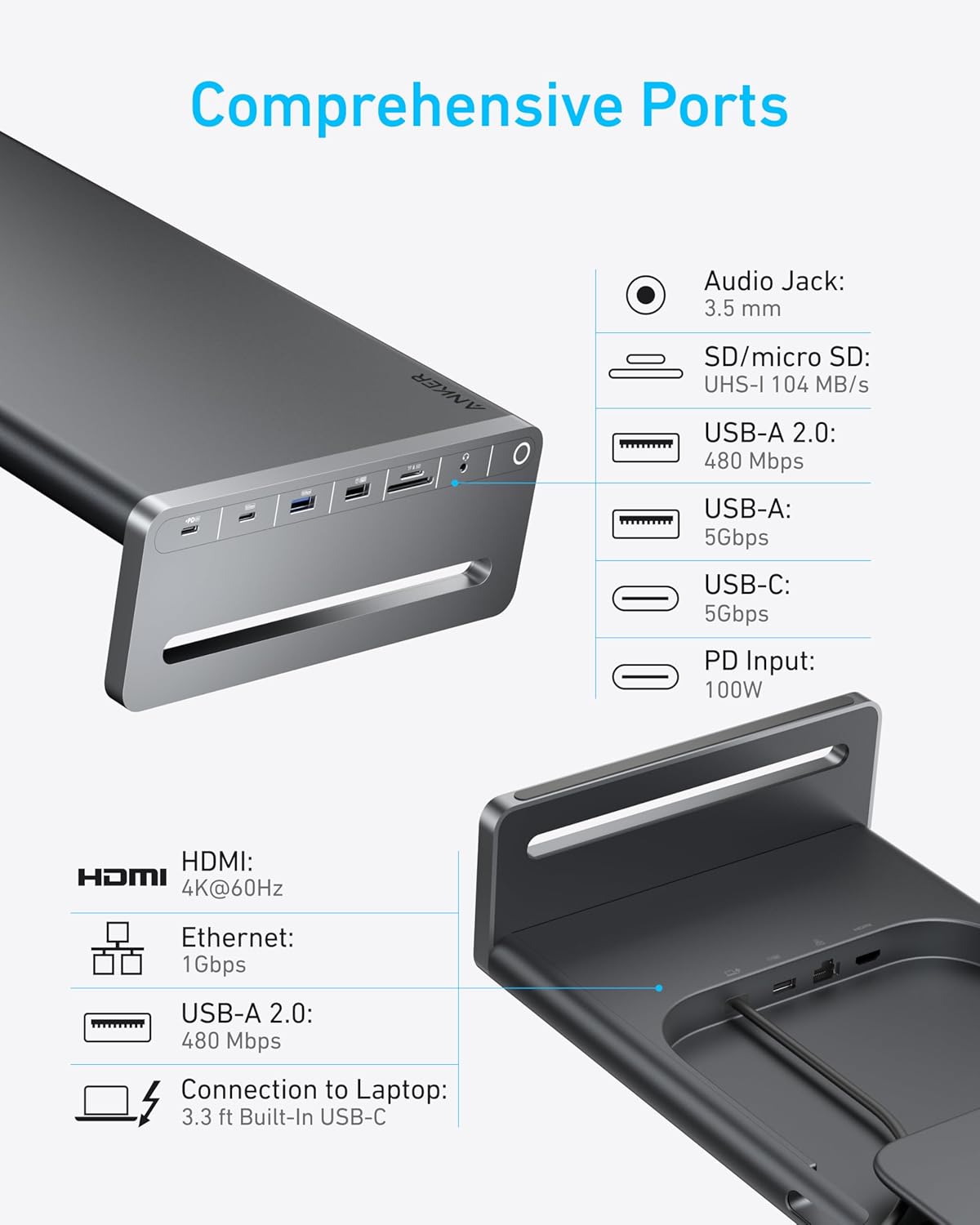 Anker USB-C Hub Adapter 10-in-1 Monitor Stand A8376 Anker