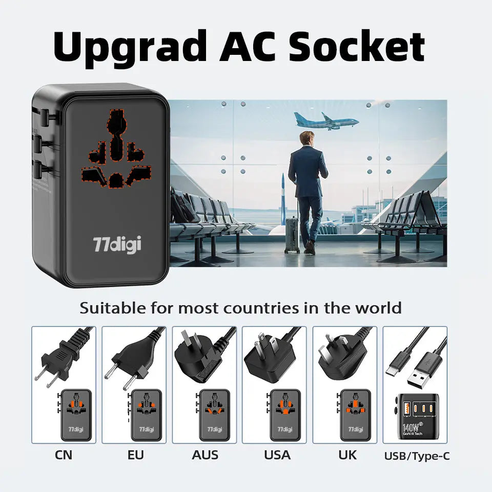 77digi 140W GaN PD 3.1 1 USB 3 Type C Travel Adapter WWA140 77digi Singapore
