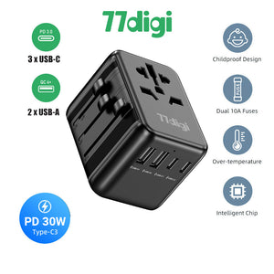 77digi PD 30W 3 Type-C + 2 USB Fast Charging International Word Adaptor Worldwide Universal Travel Plug Adapter (661DC) 77digi