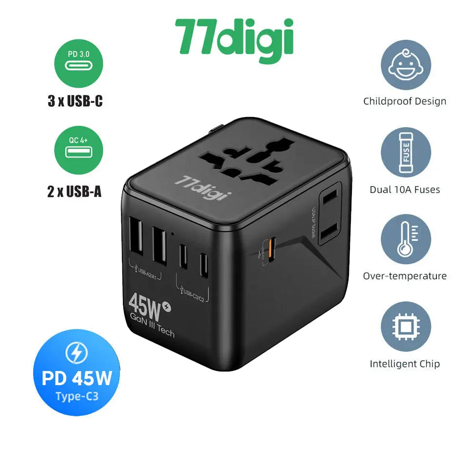 77digi 45W 3 Type-C + 2 USB A Travel Adapter - Tech House - Singapore