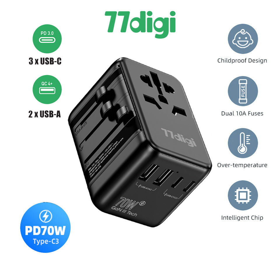 77digi 70W 3 Type-C + 2 USB All-in One Travel Adapter 77digi