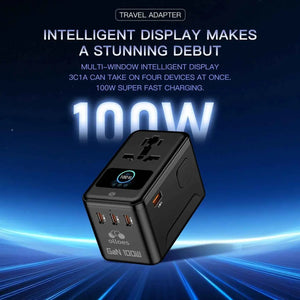 OLLOES GaN 100W Universal Travel Adapter with Smart Digital Display 3 x USB-C 1 x USB-A Fast Charging Tech House Singapore