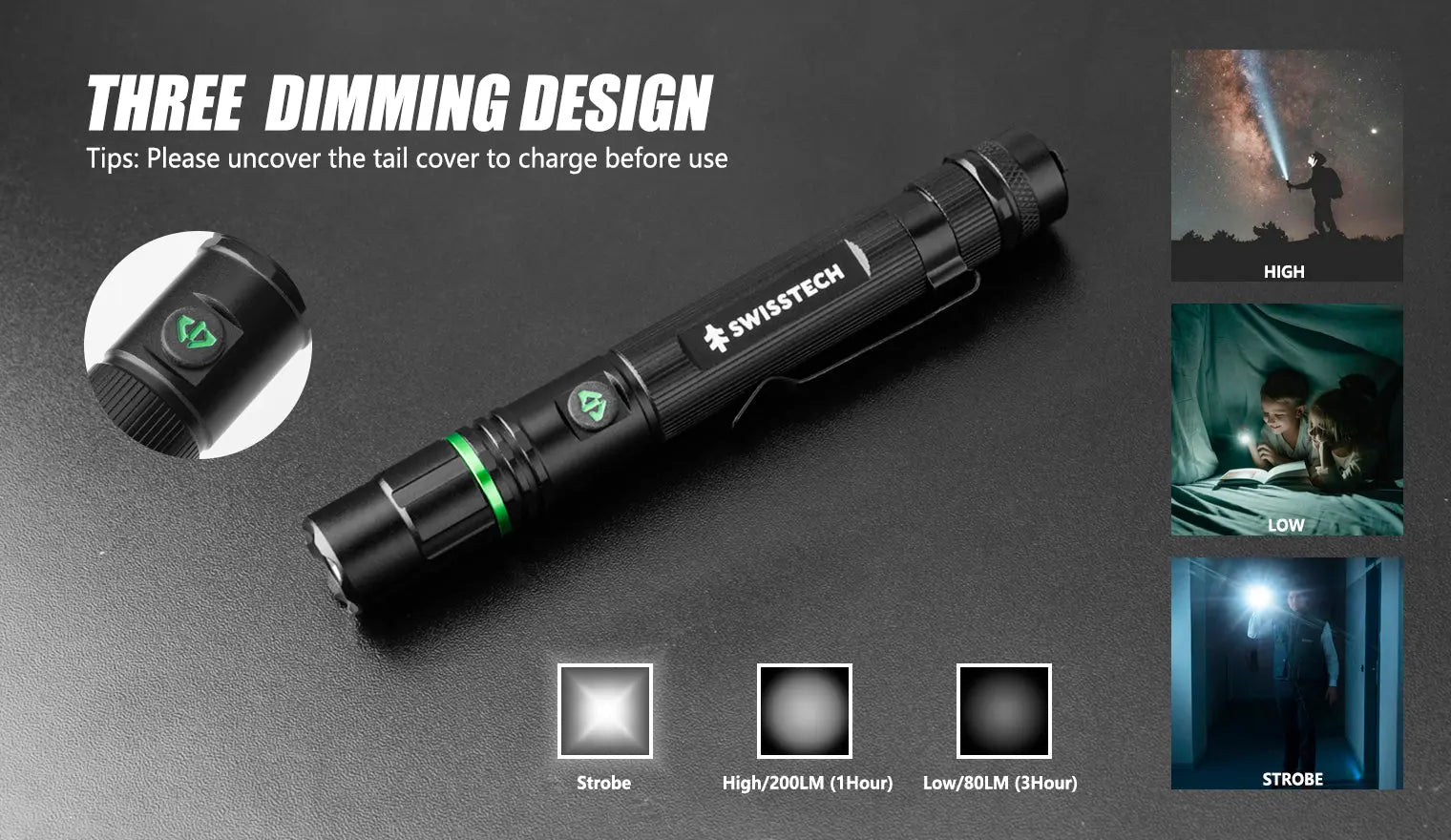 Swiss+Tech 10440, 200 Lumens Rechargeable Aluminum Flashlight ST031619 Tech House Singapore
