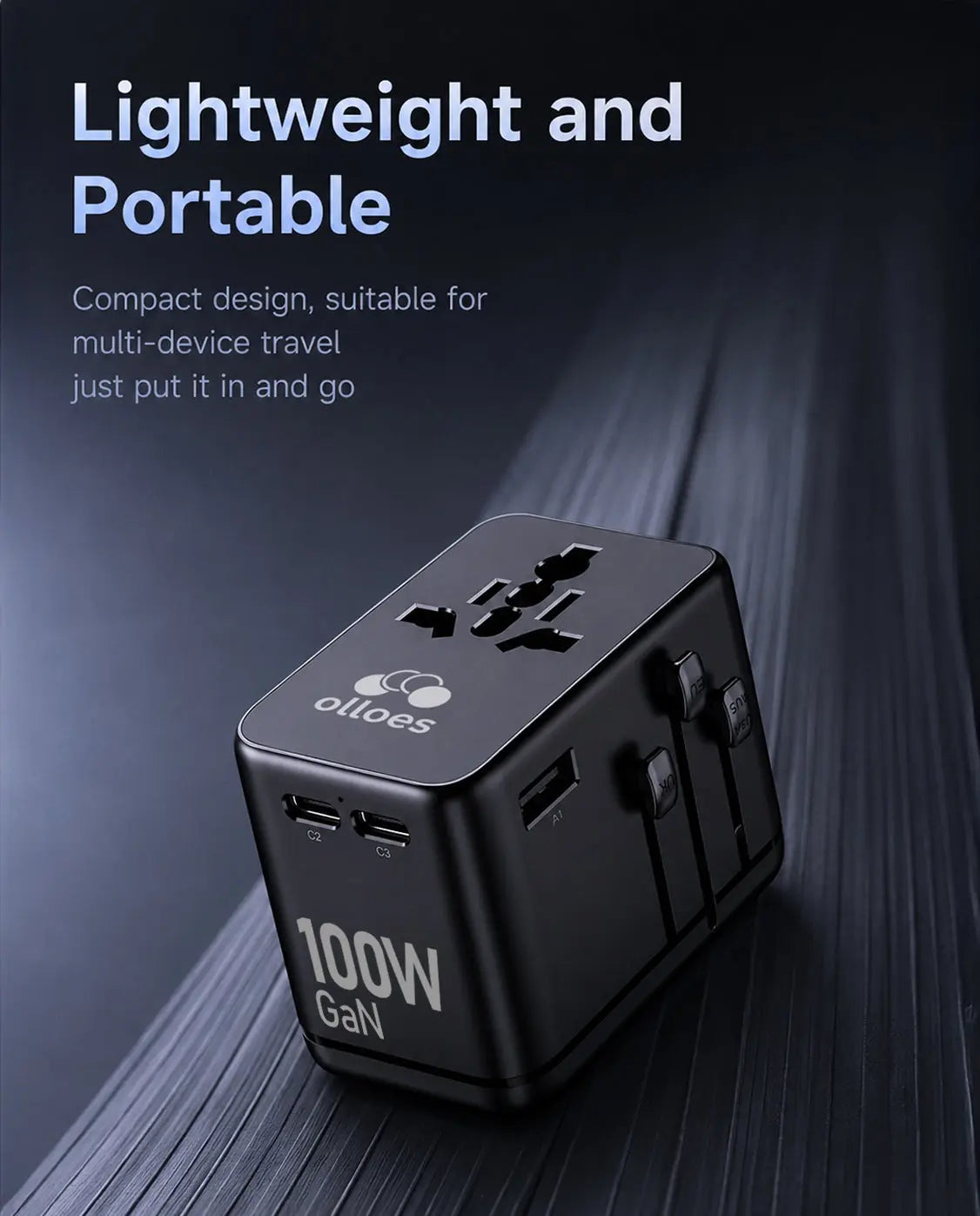 OLLOES GaN 100W Universal Travel Adapter with Extra US/EU Plug 3 x USB-C 1 x USB-A GaN Fast Charging Tech House Singapore