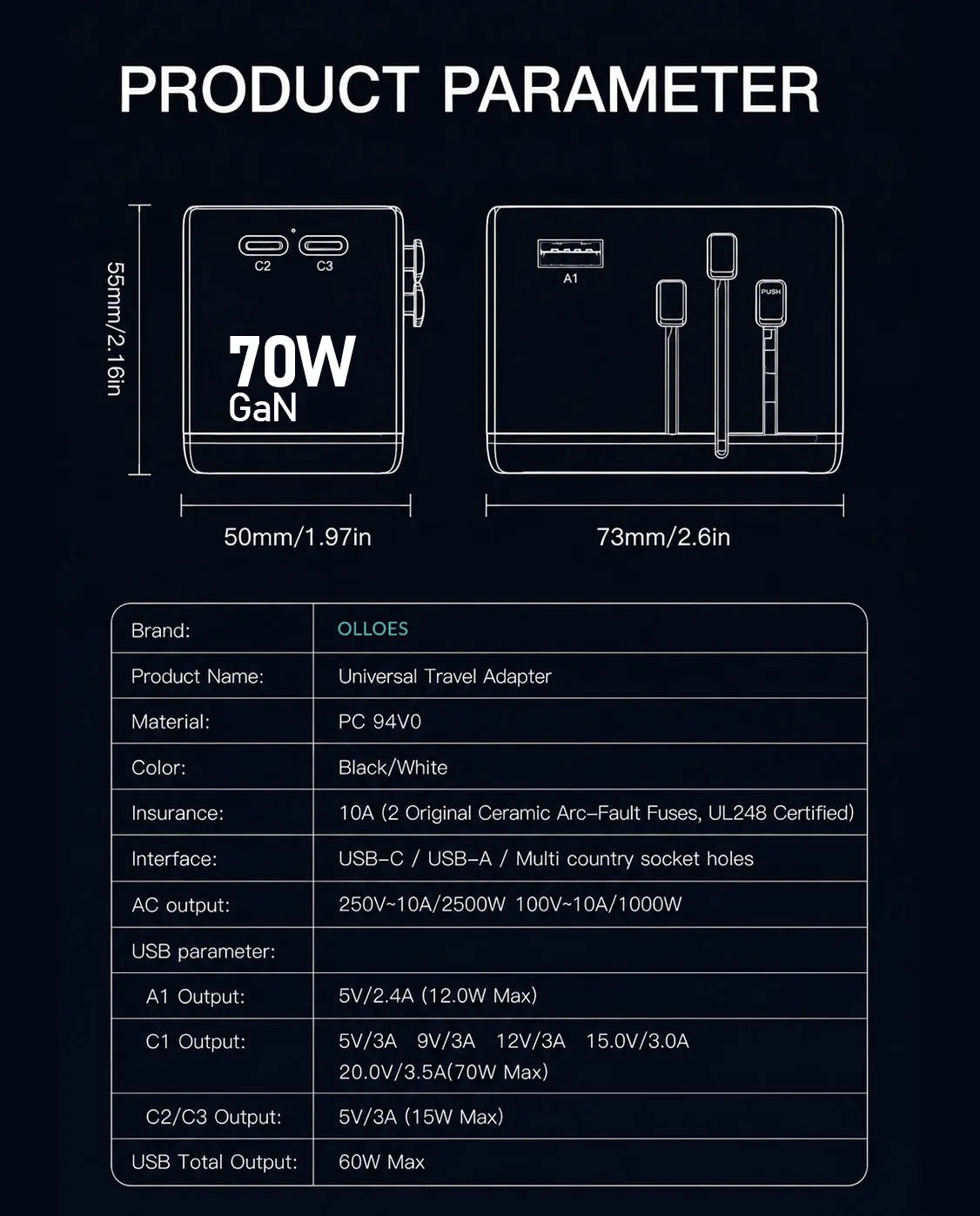 OLLOES GaN 70W Universal Travel Adapter with Extra US/EU Plug 3 x USB-C 1 x USB-A GaN Fast Charging Tech House Singapore