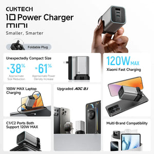 Cuktech 10 Power Charger Mini 120W GaN Charger Fast Charging with USB-C Cable Multi-Port PPS PD Wall Charger AD1203P-UK Tech House Singapore