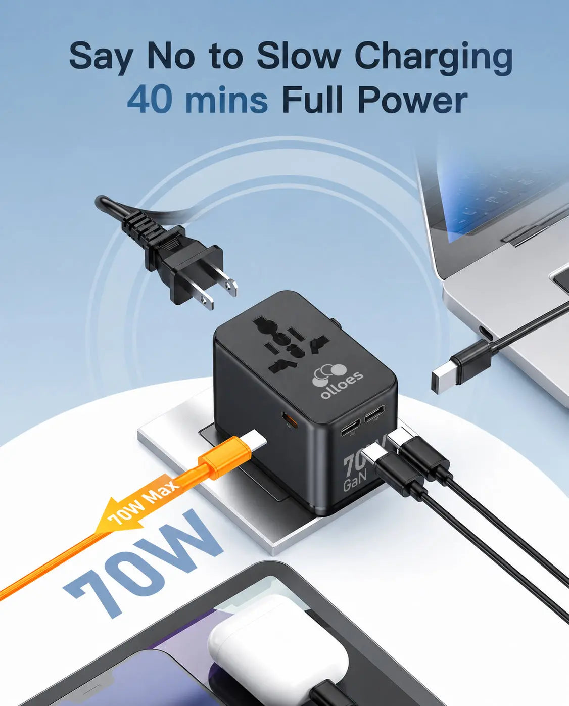 OLLOES GaN 70W Universal Travel Adapter with Extra US/EU Plug 3 x USB-C 1 x USB-A GaN Fast Charging Tech House Singapore