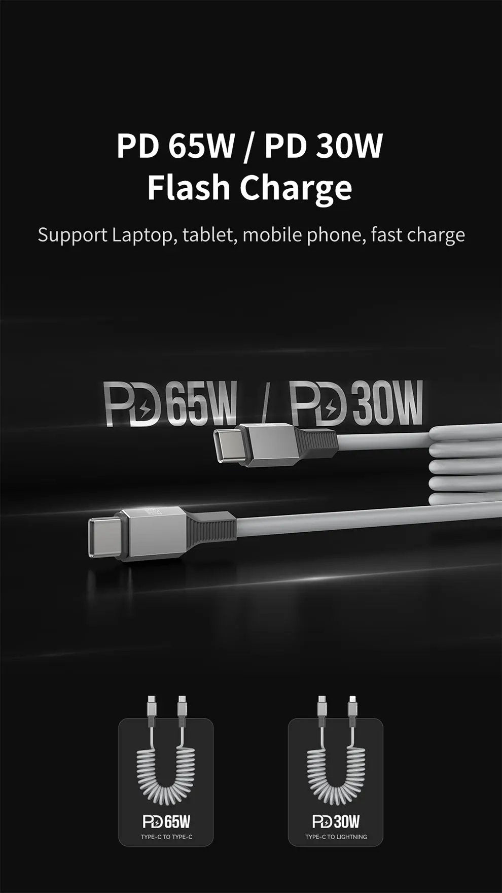 Recci USB C to C Cable PD 65W 1.8M Spring Coil Cable RS25CC Tech House Singapore