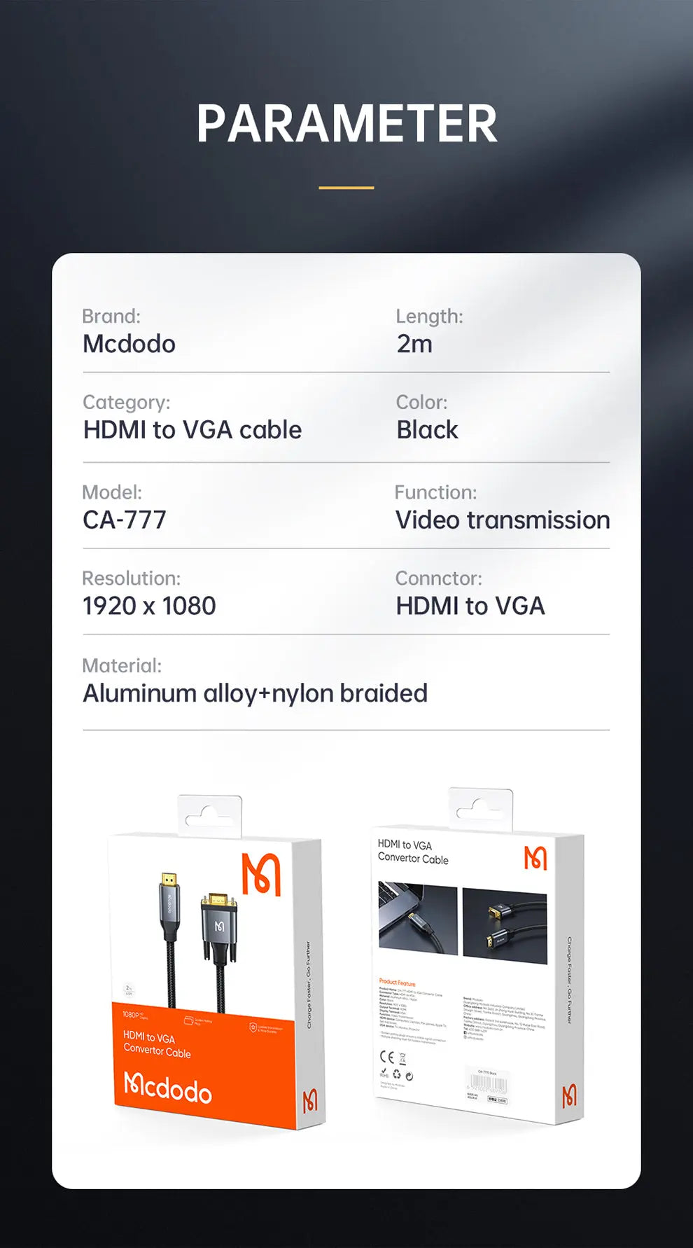 MCDODO HDMI to VGA 2M CA-7770 Tech House Singapore