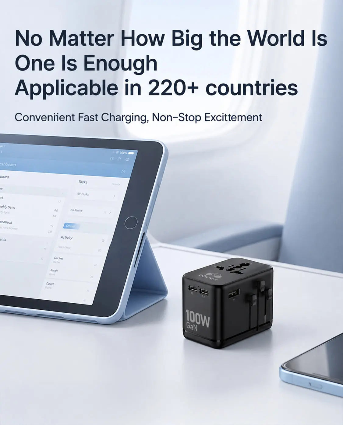 OLLOES GaN 100W Universal Travel Adapter with Extra US/EU Plug 3 x USB-C 1 x USB-A GaN Fast Charging Tech House Singapore