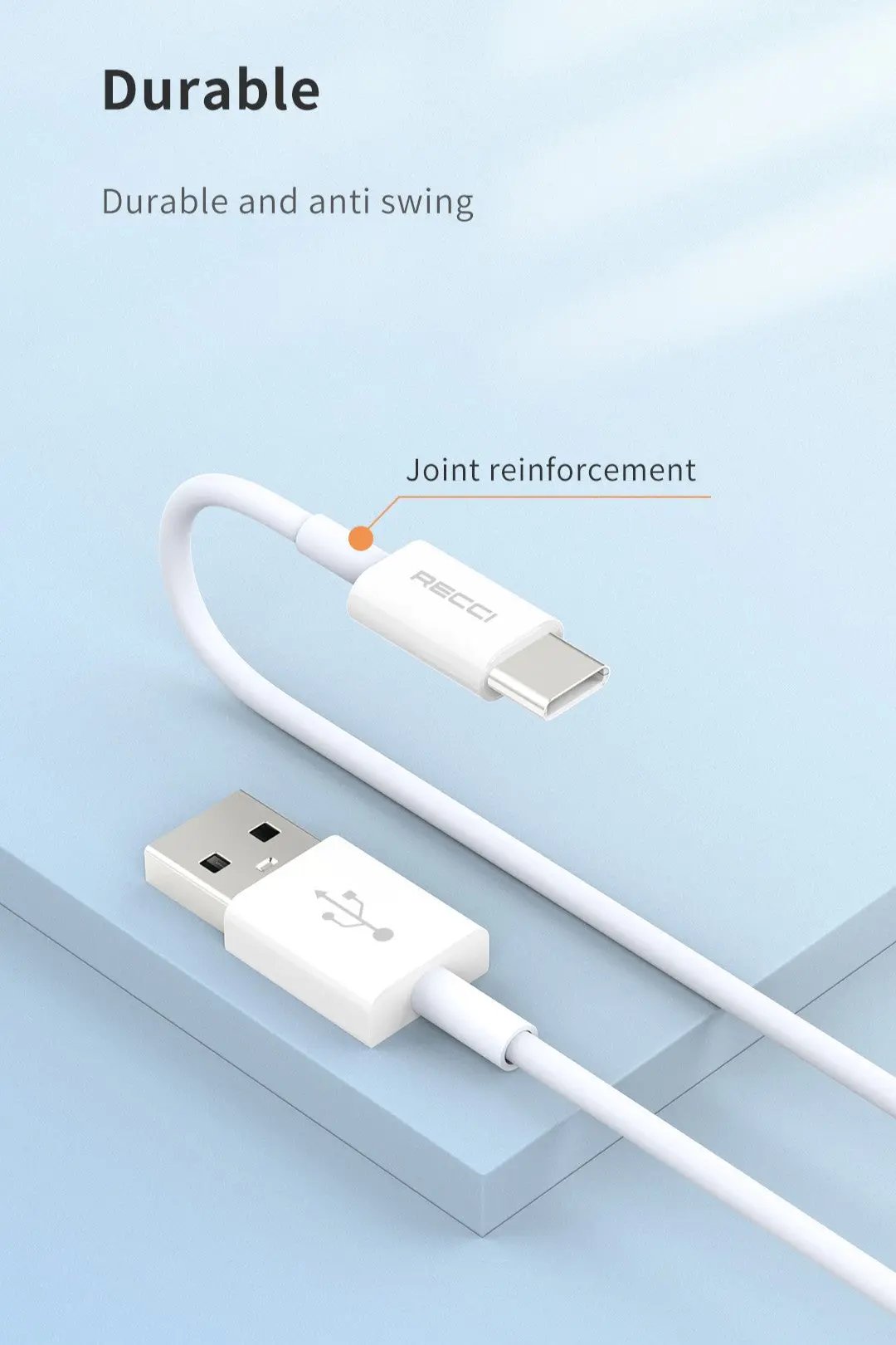 Recci USB A to C Cable 1M PD 20W Fast Charging 3A Cable RS06C Tech House Singapore