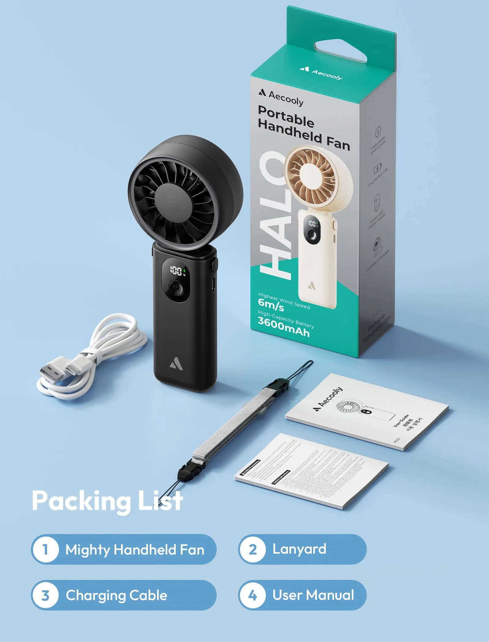 Aecooly Portable 3 In 1 Handheld Fan Halo 04 | Portable USB Rechargeable Fan | Strong Wind | Multi-Use Fan Tech House Singapore