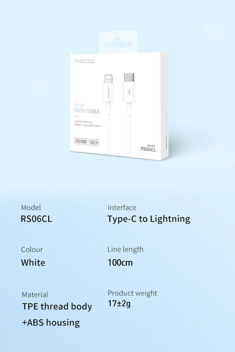 Recci USB C to Lightning 1M PD 20W Fast Charging 3A Cable RS06CL Tech House Singapore